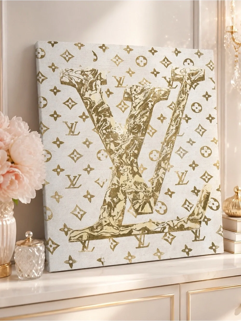 Oliver Gal Gold Glitter LV Monogram Canvas Wall Art 30x30